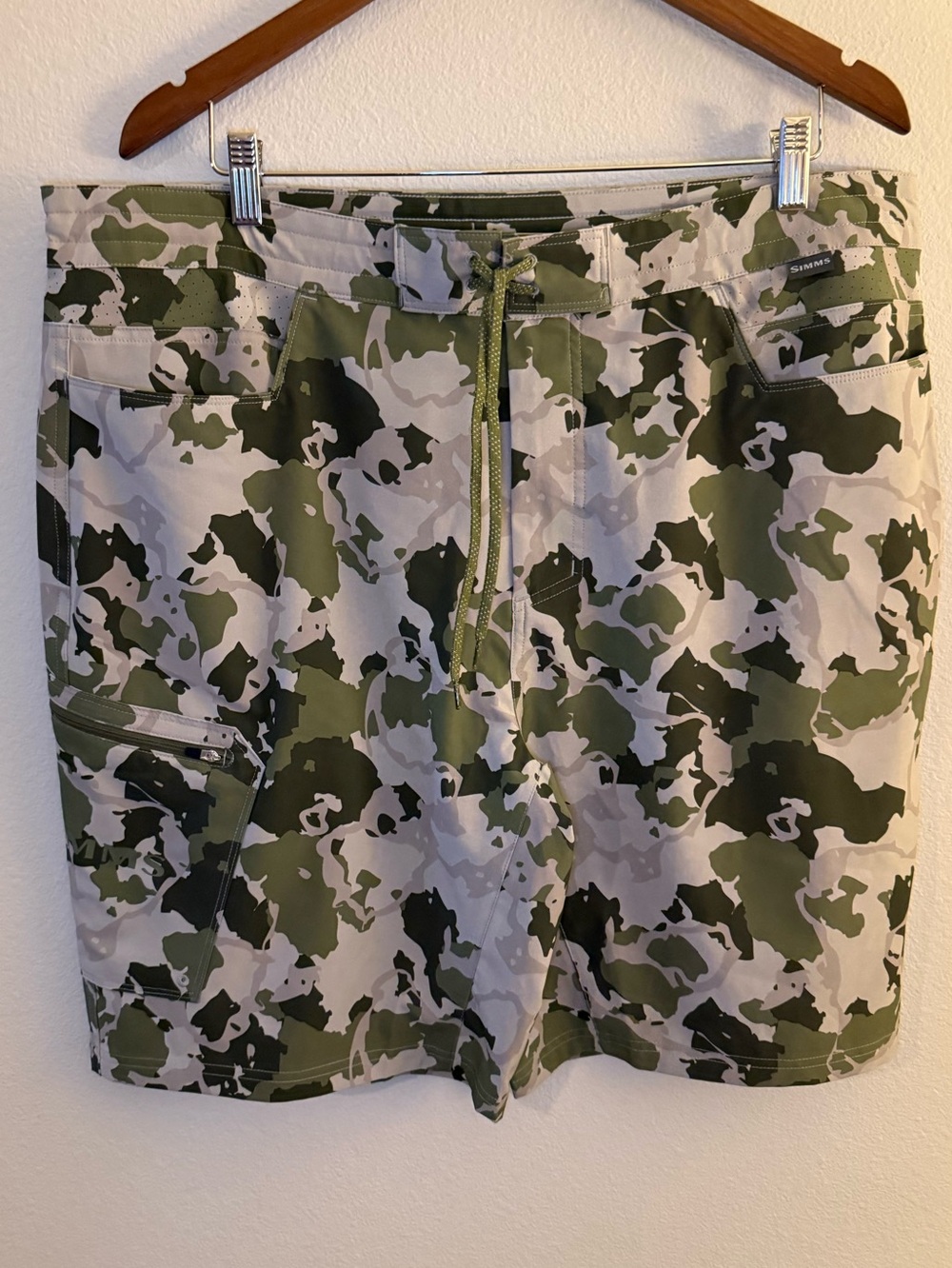 Simms Olive and White Camo Cargo Shorts
